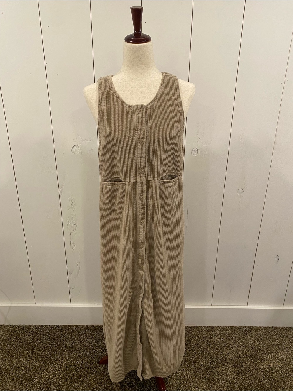 Vintage Nordstrom Sleeveless Button-Front Corduroy Maxi Dress Neutral Lagenlook